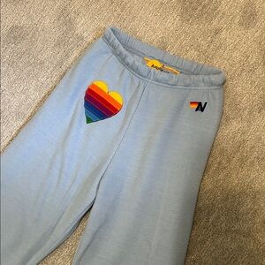 Never Worn Aviator Nation Blue Sweatpants with Rainbow Heart